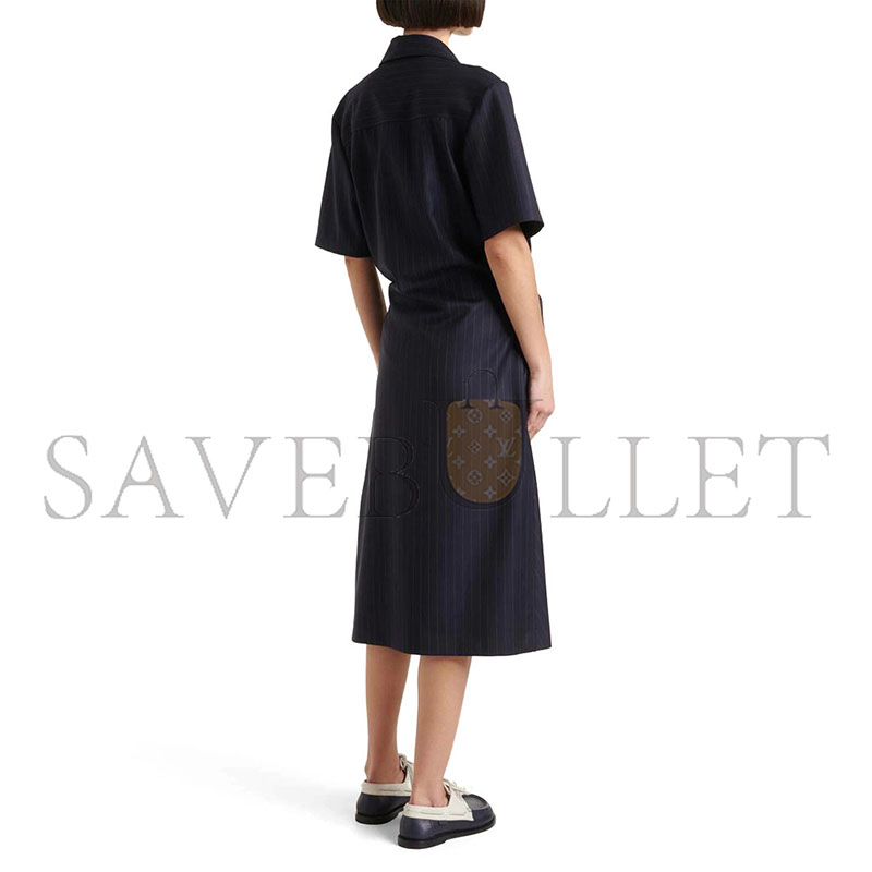 LOEWE PINSTRIPE GATHERED WOOL WRAP DRESS 
